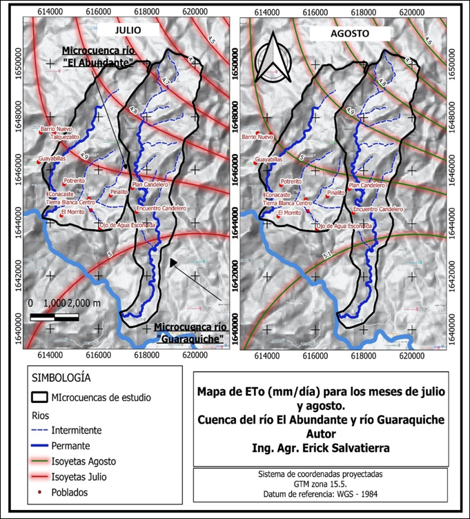 Mapa de ETo (mm/dia) para julio y agosto en cuenca del río Abundante y Guaraquiche