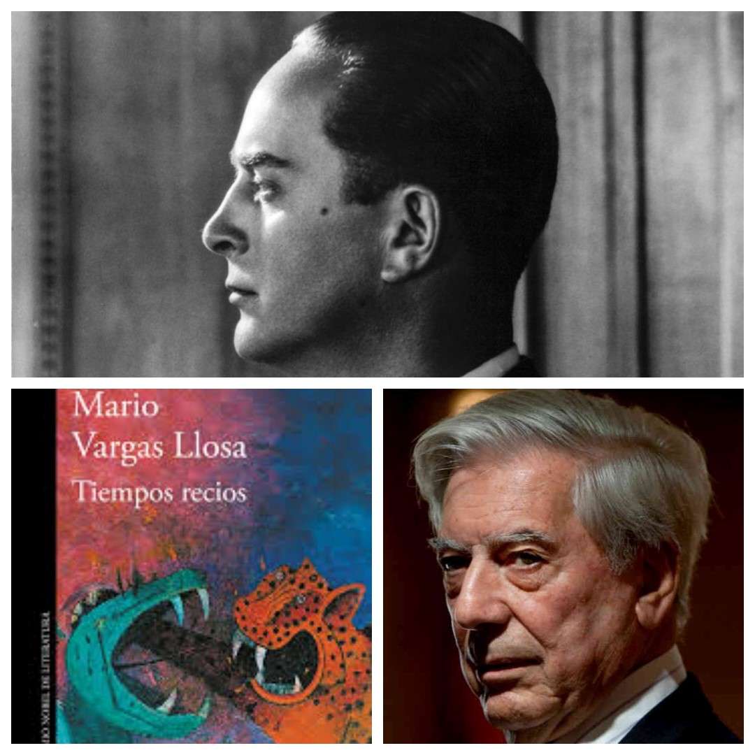 Collage con fotos de Jacobo Arbenz y Mario Vargas Llosa y la portada del libro Tiempos recios.